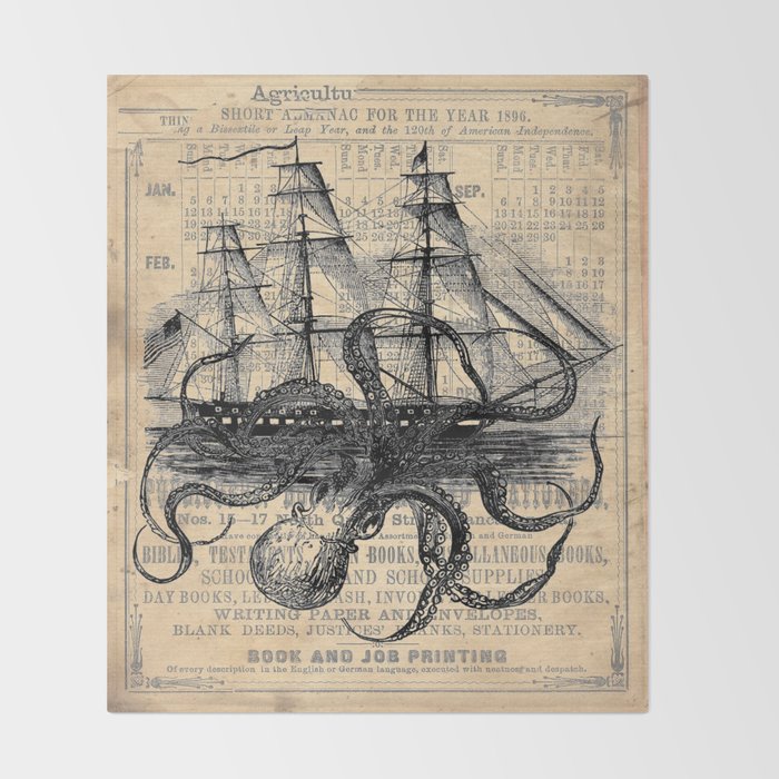 Octopus Kraken attacking Ship Antique Almanac Paper Decke