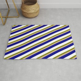 [ Thumbnail: Green, Tan, Dark Blue, and White Colored Stripes/Lines Pattern Rug ]