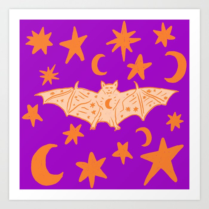 Cute Vampire Bat with Stars and Moons, Orange over Violet Purple Art Print