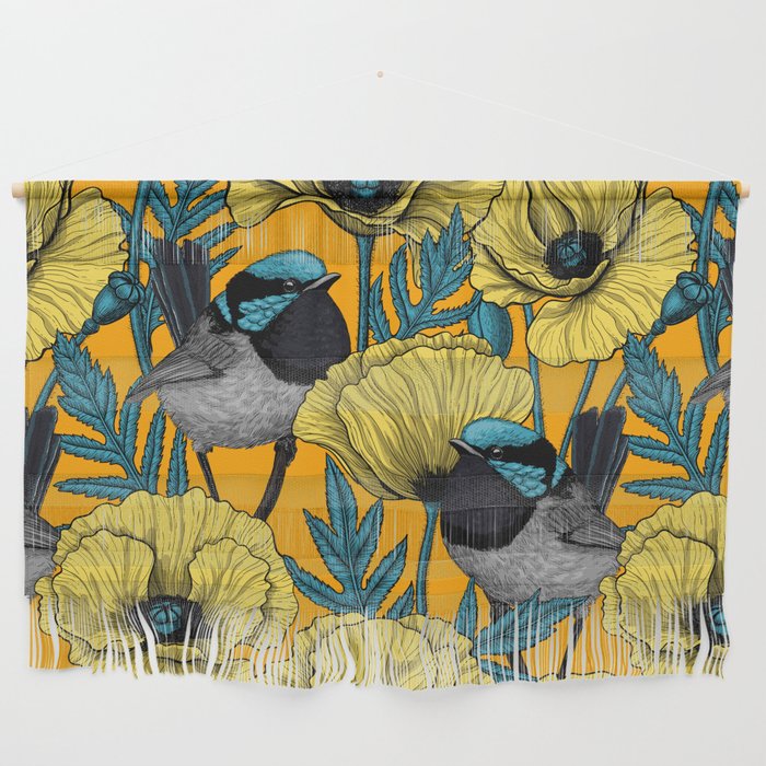 Fairy wren and poppies in yellow Wall Hanging