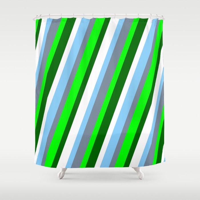 Eye-catching Light Sky Blue, Light Slate Gray, Lime, Dark Green, and White Colored Stripes Pattern Shower Curtain