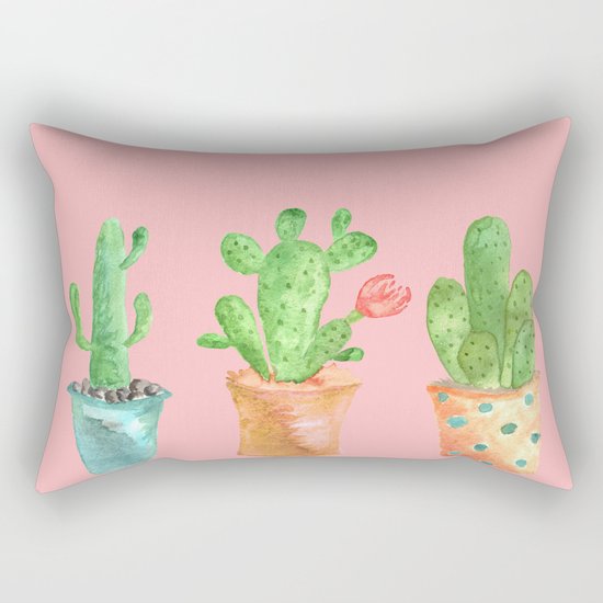 Three Green Cacti On Pink Background Rectangular Pillow