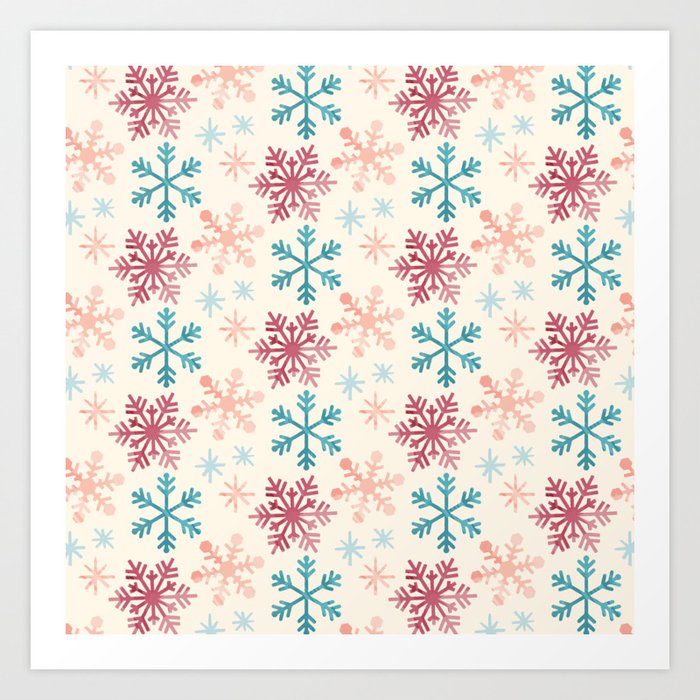 Christmas Pattern Watercolor Snowflake Pink Blue Art Print