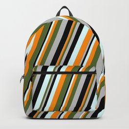 [ Thumbnail: Light Cyan, Dark Orange, Dark Olive Green, Grey, and Black Colored Striped Pattern Backpack ]