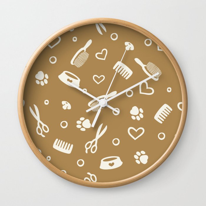 White Pet Hairdresser Tools on Gold Brown Wall Clock