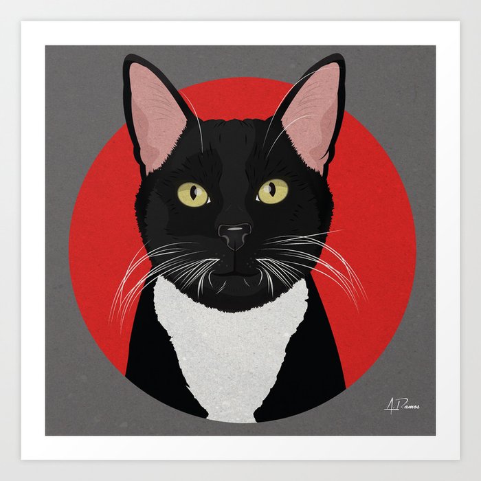 Tuxedo Cat Art Poster by Artist A.Ramos. Designed in Bold Colors. Perfect for Pet Lovers Art Print