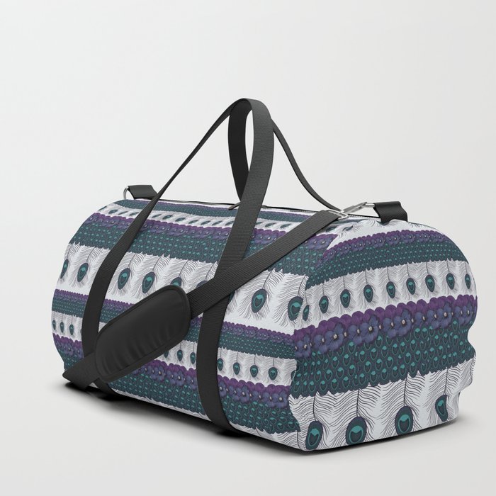 Peacock feathers and pansies horizontal pattern  Duffle Bag