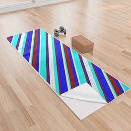[ Thumbnail: Mint Cream, Blue, Dark Red, and Aqua Colored Lined Pattern Yoga Towel ]
