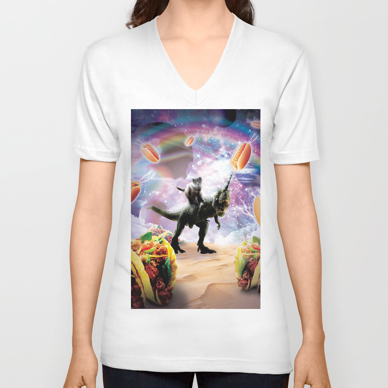 Space Cat Riding Dinosaur Unicorn Hotdog Taco Unisex V Neck By