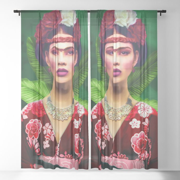 Classic digital oil painting of Asian women with traditional clothing and flowers in her hair Sheer Curtain