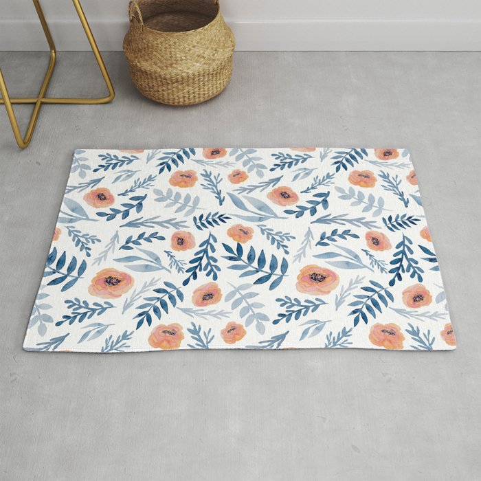 Seamless pattern with watercolor roses and blue leaves Rug