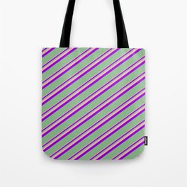 [ Thumbnail: Light Pink, Dark Violet & Dark Sea Green Colored Lined Pattern Tote Bag ]