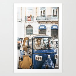 Vintage blue tuk-tuk, Lisbon Portugal | European travel photography wall art to inspire | Saige Ashton Prints Art Print | Lisbontuktuk, Mustard, Streetphotography, Tourism, Classiccars, Oldstreetcar, Streetsoflisbon, Royalblue, Lisbon, Tuktuk 
