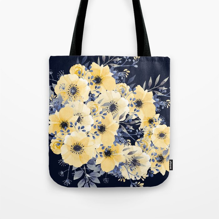 Floral Watercolor Print, Yellow and Navy Blue Tote Bag
