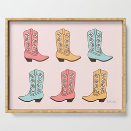 Cowgirl Boots and Daisies, Blush Pink, Mint, Cute Pastel Cowboy Pattern Serving Tray