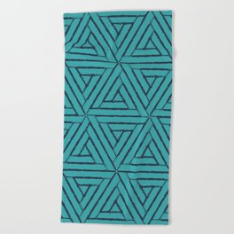 Dark Navy Blue Solid Color Aztec Tribal Triangle Pattern on Aqua Teal Turquoise - Aquarium SW 6767 Beach Towel