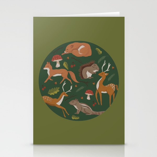 Woodland Animals Forest Green Stationery Cards