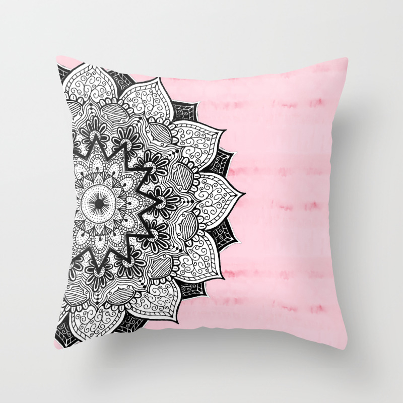 Artistic Boho Hand Drawn Mandala On Pink Tie Dye Throw Pillow By