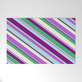[ Thumbnail: Eye-catching Orchid, Powder Blue, Purple, Sea Green & Beige Colored Stripes/Lines Pattern Welcome Mat ]
