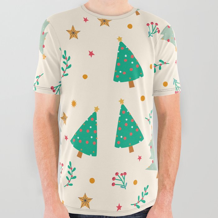 Christmas Pattern Turquoise Trees All Over Graphic Tee
