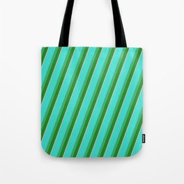 [ Thumbnail: Turquoise, Sea Green, Forest Green, and Light Pink Colored Pattern of Stripes Tote Bag ]