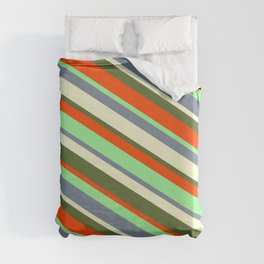 [ Thumbnail: Eyecatching Green, Light Slate Gray, Light Yellow, Dark Olive Green, and Red Colored Lined Pattern Duvet Cover ]