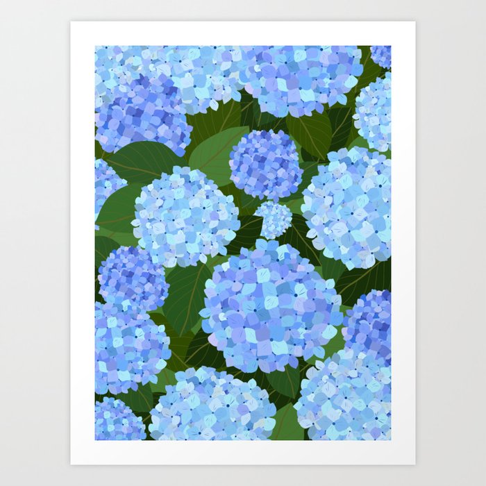 Light Blue Hydrangeas, Preppy Modern Flowers, Botanical, Floral Art Print