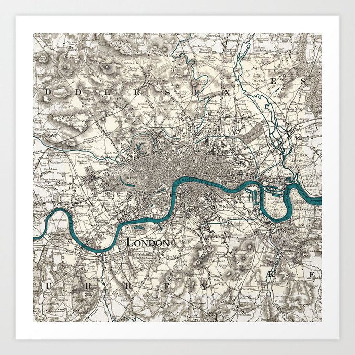 London and Environs, Sepia and Teal Blue Vintage-style Map Art Print