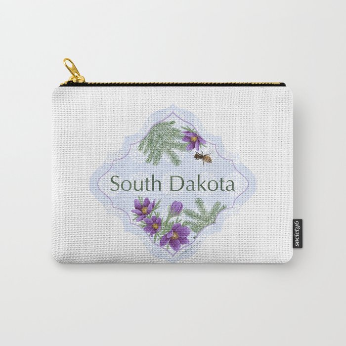 South Dakota Sticker | Vinyl Artist Designed Illustration Featuring the South Dakota State Flower Tree Insect | SD State Pasque Flower Black Hills Spruce Carry-All Pouch