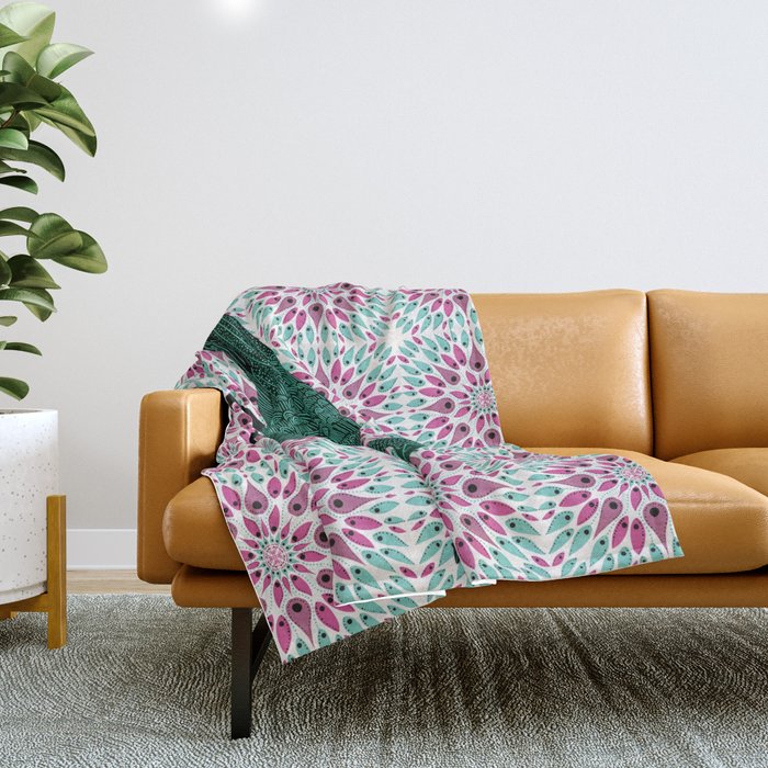 Sandpiper bird walking on a pink and turquoise mandala paisley explosion pattern Throw Blanket