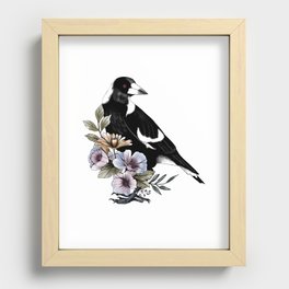 Magpie bird black and white and flowers Recessed Framed Print