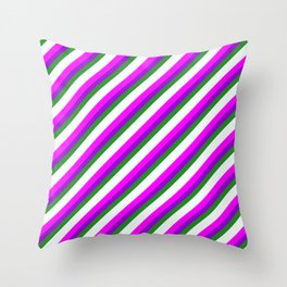 [ Thumbnail: Eye-catching Fuchsia, Dark Violet, Forest Green, Mint Cream, and Light Grey Colored Stripes Pattern Throw Pillow ]
