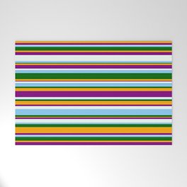 [ Thumbnail: Eyecatching Orange, Purple, Mint Cream, Light Sky Blue & Dark Green Colored Stripes/Lines Pattern Welcome Mat ]