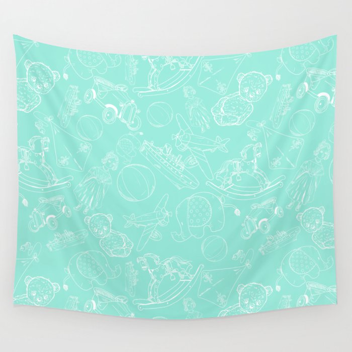 Mint Blue and White Toys Outline Pattern Wall Tapestry