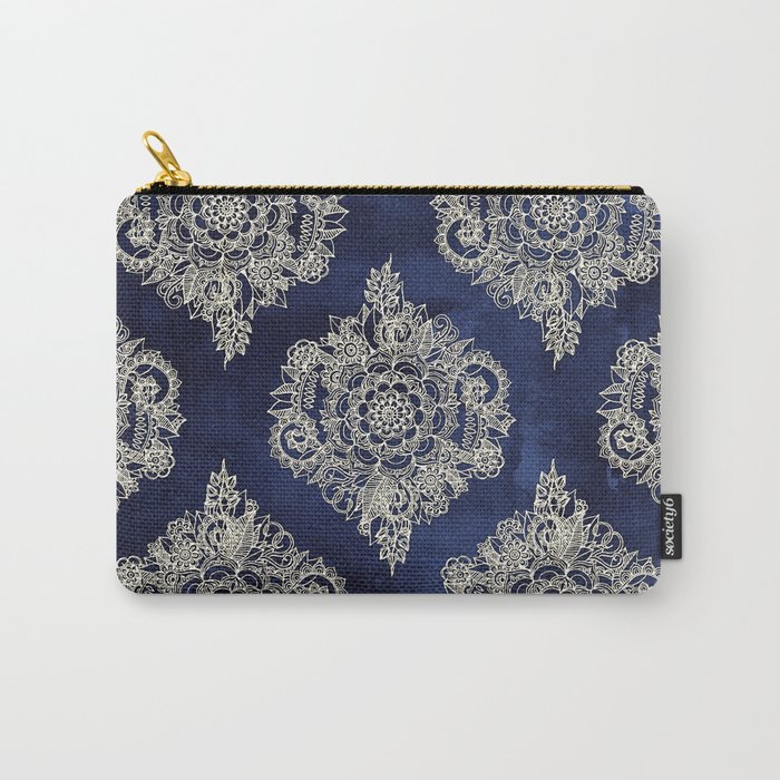 Cream Floral Moroccan Pattern on Deep Indigo Ink Carry-All Pouch