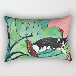 Napping Tuxedo Cat in Overstuffed Sage Green Armchair with Pink Interior After Matisse Painting Rectangular Pillow