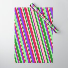 [ Thumbnail: Eye-catching Light Pink, Crimson, Purple, Light Green, and Forest Green Colored Stripes Pattern Wrapping Paper ]