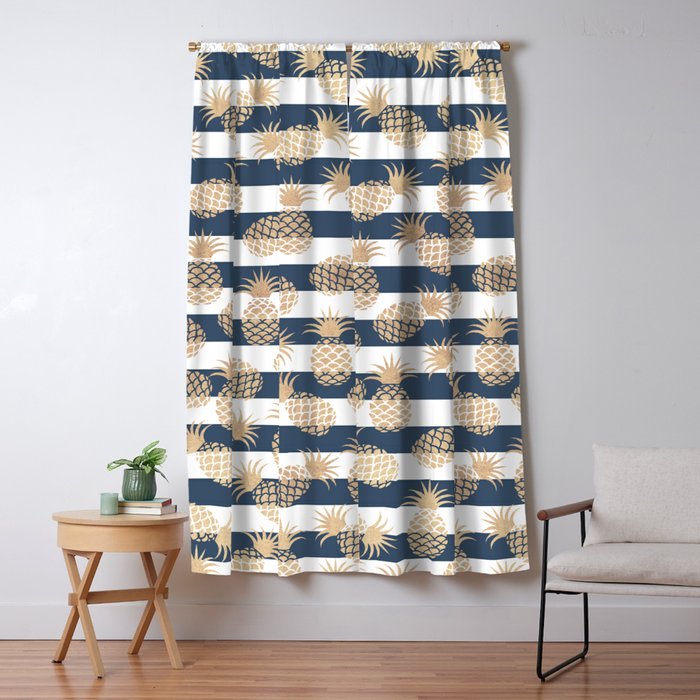 Nautical Modern Navy Blue White Stripes Blush Beige Pineapple