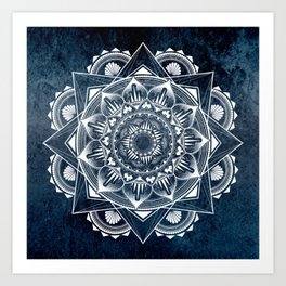 White Mandala on Dark Blue/Navy Galaxy Art Print
