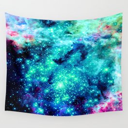 Colorful Teal Galaxy Sparkle Stars Wall Tapestry