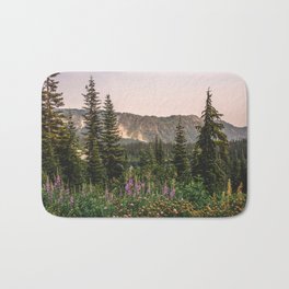 Mount Rainier Wildflower Adventure VII - Pacific Northwest Mountain Forest Wanderlust Bath Mat | Nature, Digital, Painting, Mountains, Wanderlust, Rainier, Woods, Graphicdesign, Dorm, Landscape 