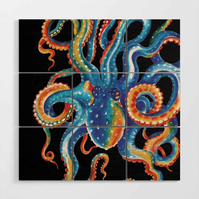 Octopus Colorful Tentacles On Black Wood Wall Art