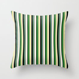 [ Thumbnail: Eyecatching Tan, Light Slate Gray, Forest Green, Black, and White Colored Lined/Striped Pattern Throw Pillow ]