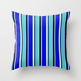 [ Thumbnail: Blue, Light Yellow, Turquoise, and Black Colored Striped/Lined Pattern Throw Pillow ]