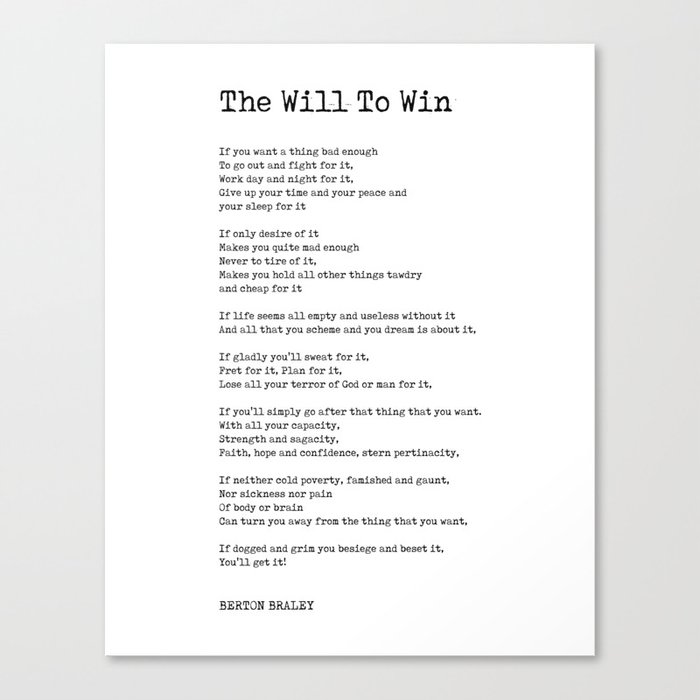 The Will To Win - Berton Braley Poem - Literature - Typewriter Print Canvas Print