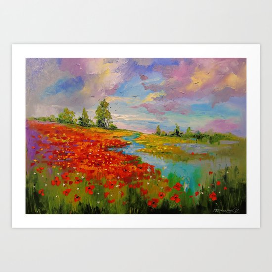 Poppies by the lake Art Print