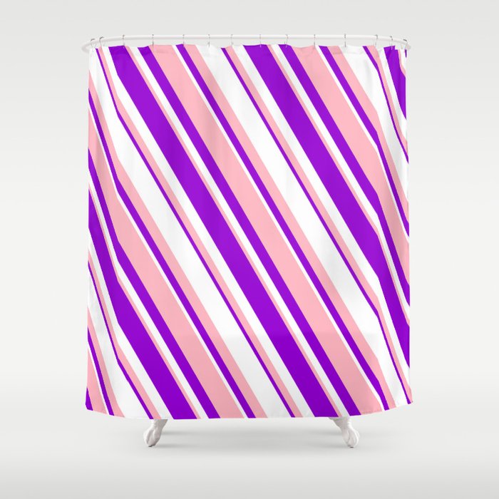 Light Pink, Dark Violet, and White Colored Lined/Striped Pattern Shower Curtain