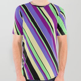 [ Thumbnail: Light Green, Purple, Slate Blue, Pale Goldenrod, and Black Colored Lines/Stripes Pattern All Over Graphic Tee ]
