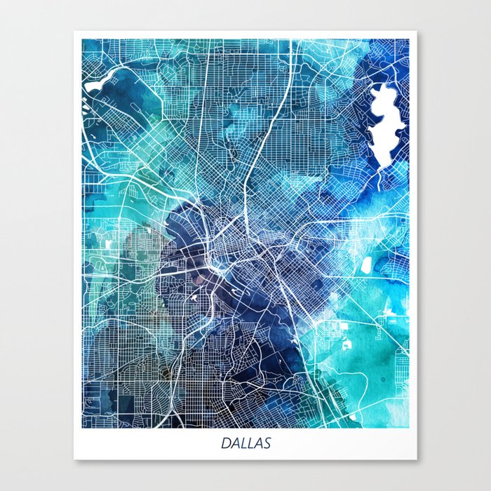 Dallas Texas Map Navy Blue Turquoise Watercolor Canvas Print