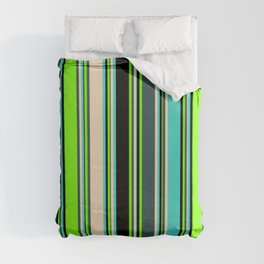[ Thumbnail: Eyecatching Green, Dark Slate Gray, Bisque, Turquoise, and Black Colored Lined Pattern Duvet Cover ]